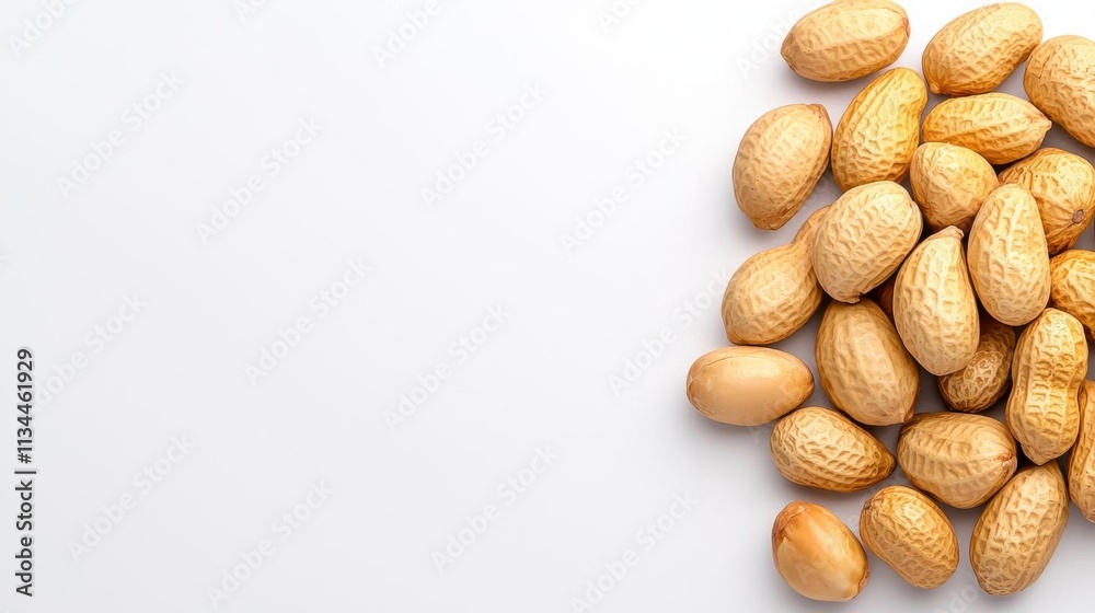 Obraz premium A photostock of a handful of raw peanuts still in their shells, spread naturally on a seamless white background, symbolizing snacking and simplicity. High Quality