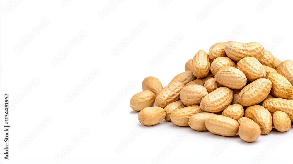 A photostock of a handful of raw peanuts still in their shells, spread naturally on a seamless white background, symbolizing snacking and simplicity. High Quality A photostock of a handful of raw peanuts still in their shells, spread naturally on a seamless white background, symbolizing snacking and simplicity. High Quality