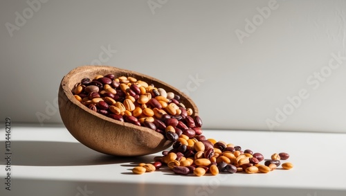 Rustic Wooden Bowl Filled with Various Beans