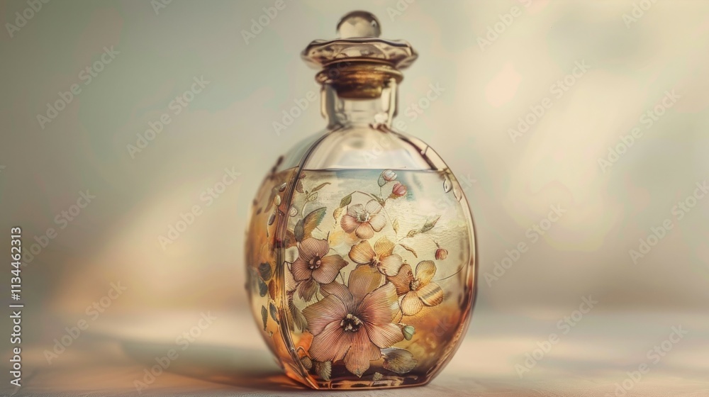 Artistic bottle mock-up with decorative elements, soft colors, vintage feel Artistic bottle mock-up with decorative elements, soft colors, vintage feel
