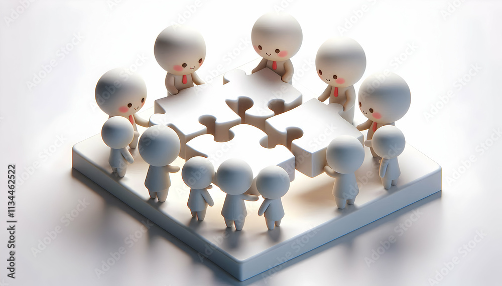 Obraz premium 3D Soft abstract digital art with team connecting puzzle pieces copy space below. concept as A soft abstract digital art scene of a team connecting puzzle pieces symbolizing collaboration and problem 