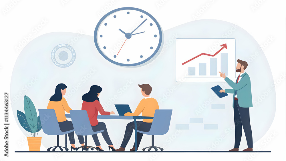 Manager Leading Team Meeting with Wall Clock Emphasizing Time Management - Stock Photo Concept Manager Leading Team Meeting with Wall Clock Emphasizing Time Management - Stock Photo Concept