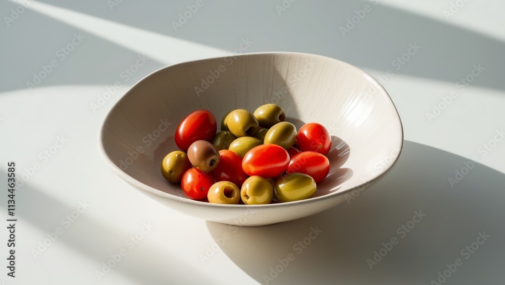 A Bowl of Mixed Olives and Cherry Tomatoes A Bowl of Mixed Olives and Cherry Tomatoes