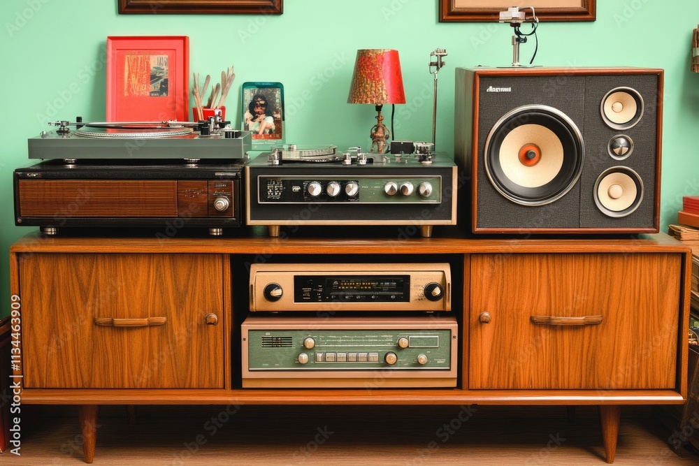 Fototapeta premium Vintage Stereo System On Wooden Cabinet