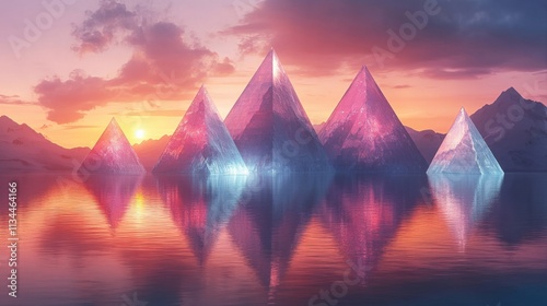 Mysterious glowing pyramids rise from tranquil waters under a vibrant sunset sky in a surreal landscape photo