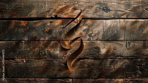 Artistic logo on distressed wood, warm shadows, organic look photo