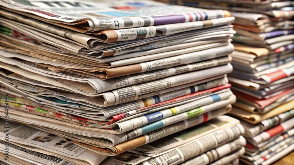 A pile of newspapers , print media, journalism, news, information, headlines, articles, periodicals A pile of newspapers , print media, journalism, news, information, headlines, articles, periodicals