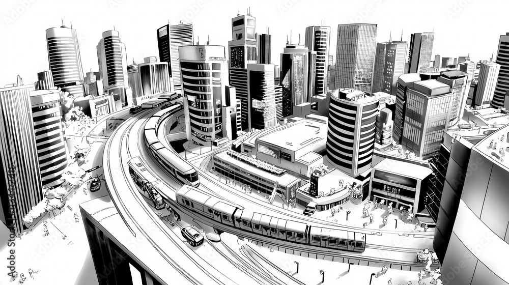 Monochrome Cityscape with Elevated Train Monochrome Cityscape with Elevated Train