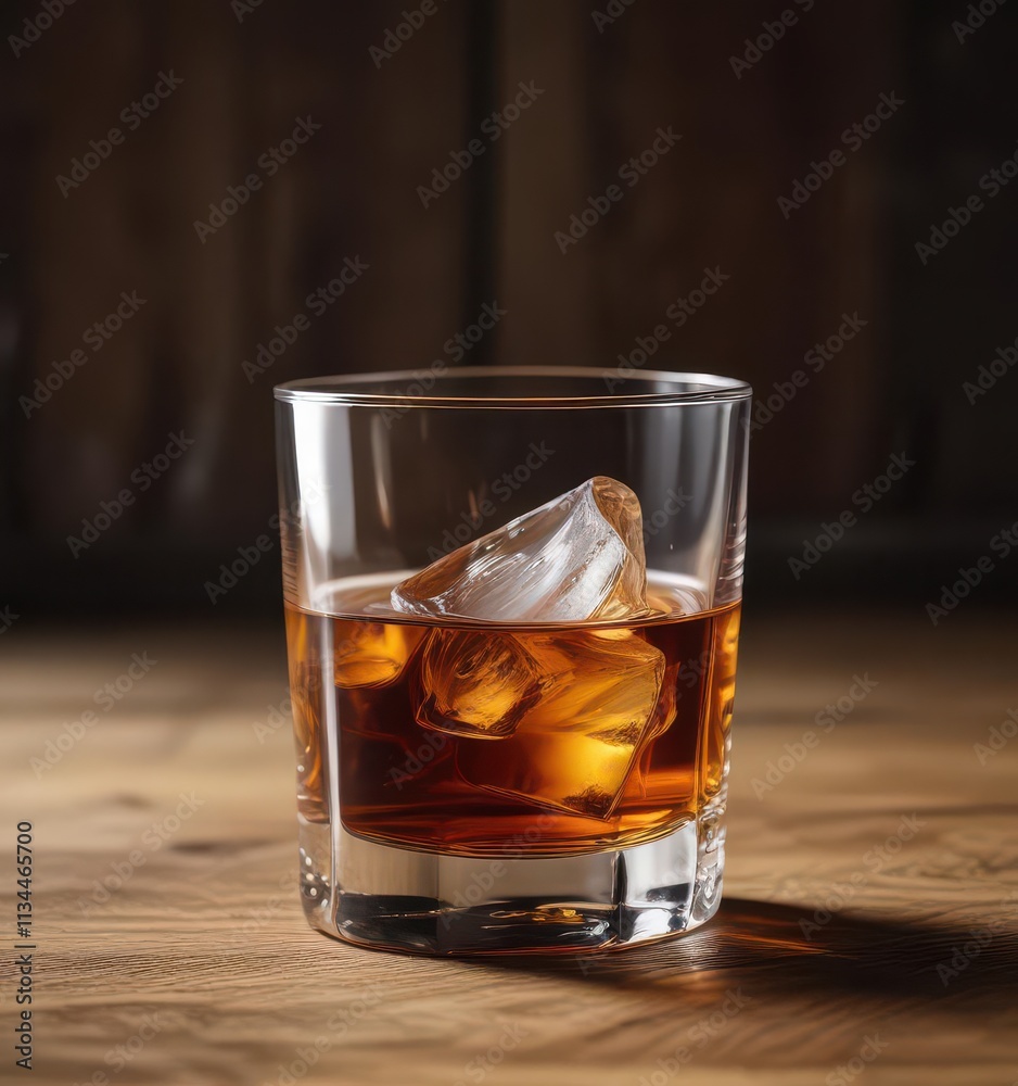 A half-full whiskey glass on a wooden surface, whisky, night A half-full whiskey glass on a wooden surface, whisky, night