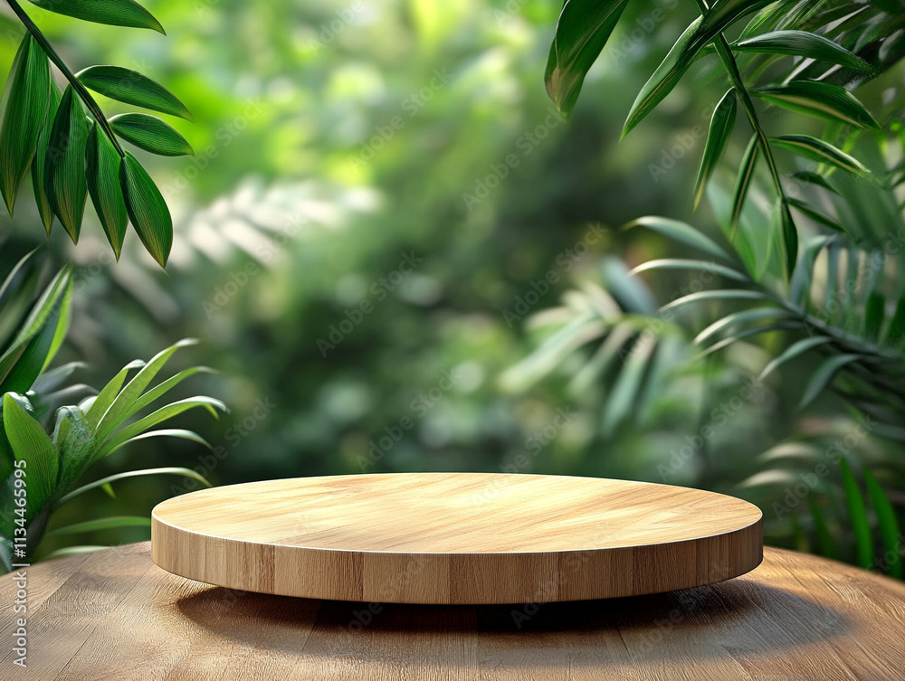 Wooden product display podium with blurred nature background ai generated Wooden product display podium with blurred nature background ai generated