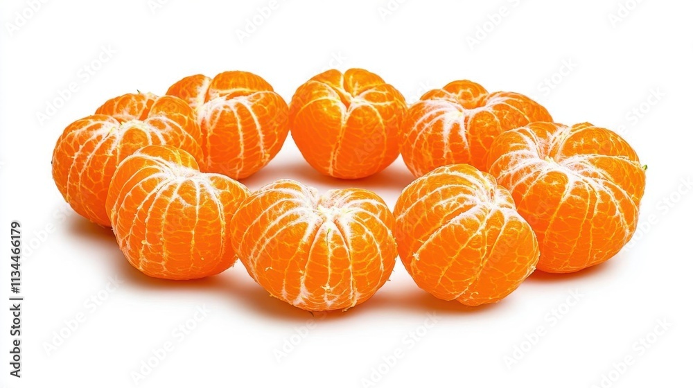 A photostock of fresh orange segments arranged in a circular pattern on a seamless white background, showcasing their juicy texture and vibrant color. High Quality A photostock of fresh orange segments arranged in a circular pattern on a seamless white background, showcasing their juicy texture and vibrant color. High Quality