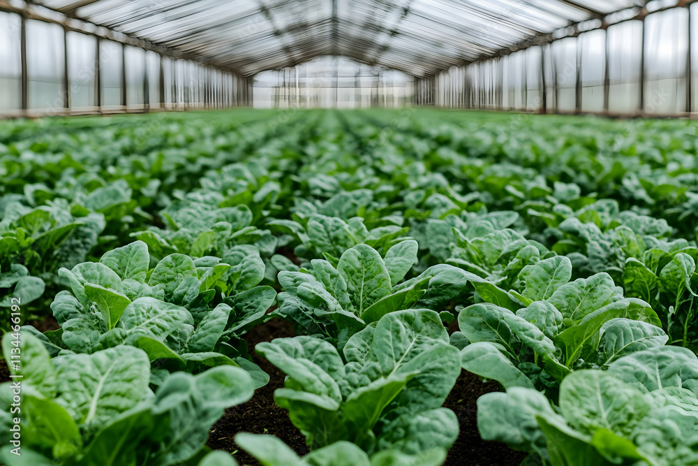 Rows of lush green lettuce plants growing in a greenhouse. Rows of lush green lettuce plants growing in a greenhouse.