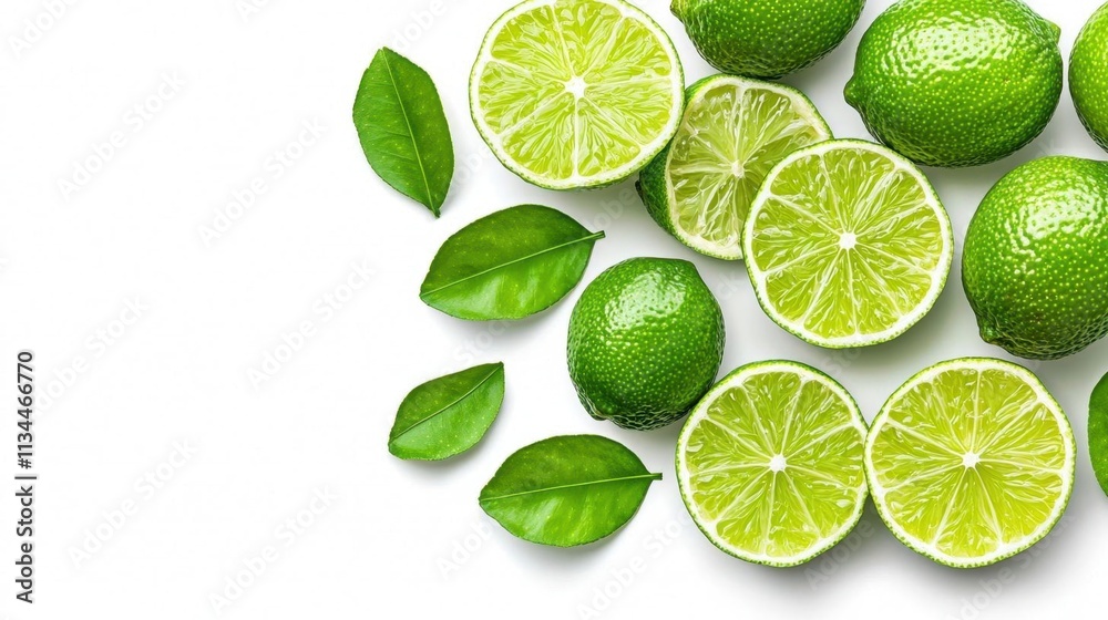 A photostock of freshly sliced lime halves with vibrant green flesh, placed on a seamless white background, symbolizing zesty freshness and tangy flavors. High Quality A photostock of freshly sliced lime halves with vibrant green flesh, placed on a seamless white background, symbolizing zesty freshness and tangy flavors. High Quality