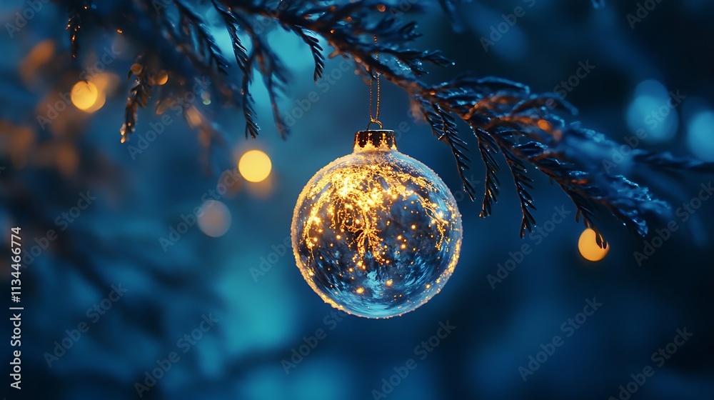 Christmas tree in glowing snow ball hanging delicately from fir branch with golden sparkle under blue night Christmas tree in glowing snow ball hanging delicately from fir branch with golden sparkle under blue night