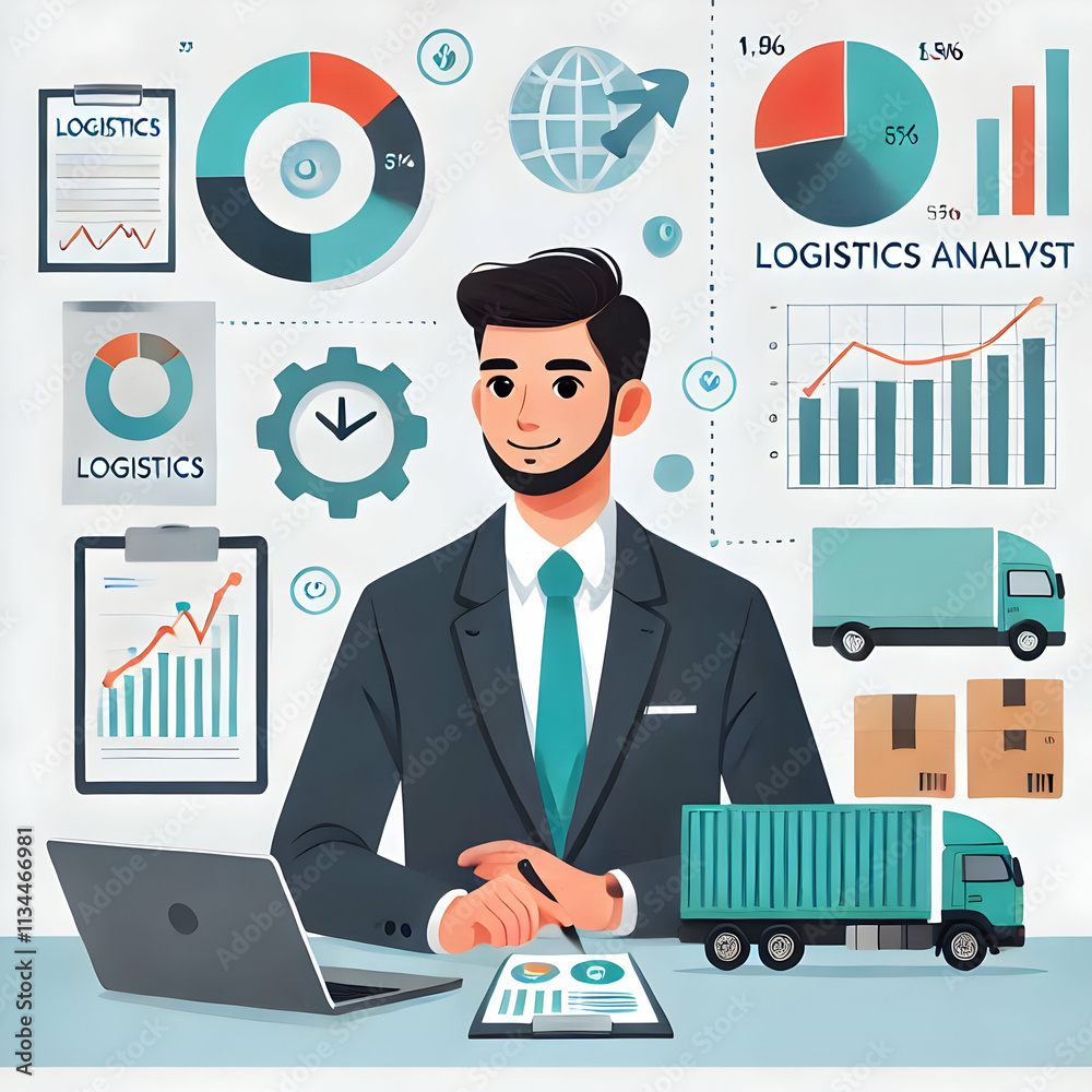 Logistics Analyst Analyzing Financial Charts on Laptop - Flat Chibi Style Illustration for Business Concepts Logistics Analyst Analyzing Financial Charts on Laptop - Flat Chibi Style Illustration for Business Concepts