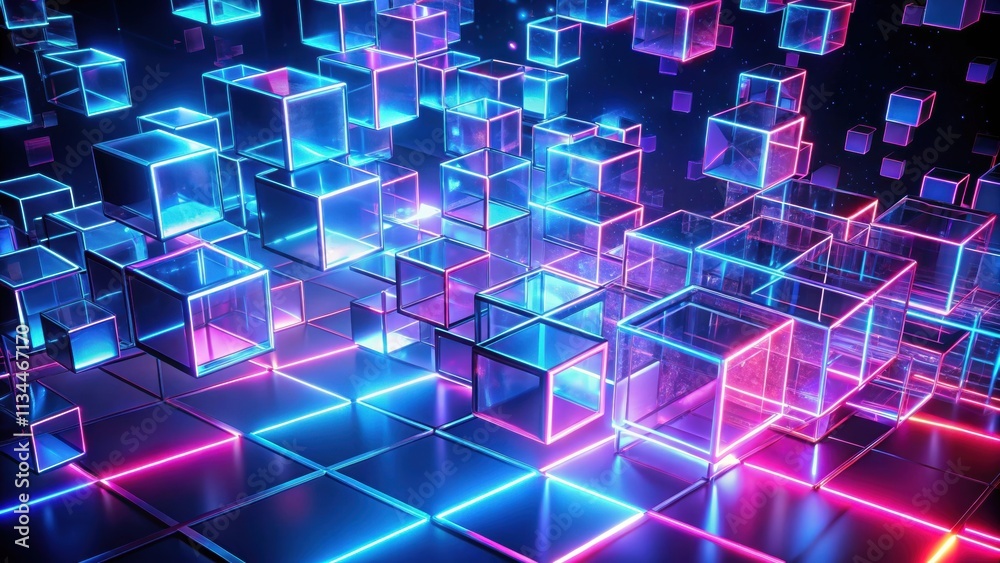 Abstract high technology waving cubes with neon light effects, cubes, technology, abstract, high-tech, neon Abstract high technology waving cubes with neon light effects, cubes, technology, abstract, high-tech, neon