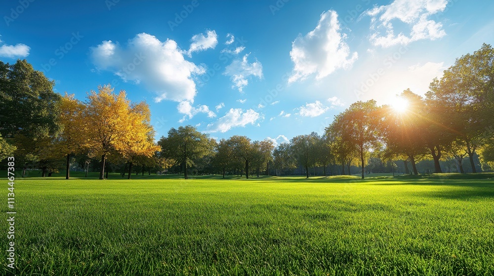 Fototapeta premium Colorful autumn Park with city view red and yellow maple trees and blue sky,Autumn forest path,Lawn in autumn city park in Sunny day,Trees with yellow leaves in park,Natural Wallpaper.