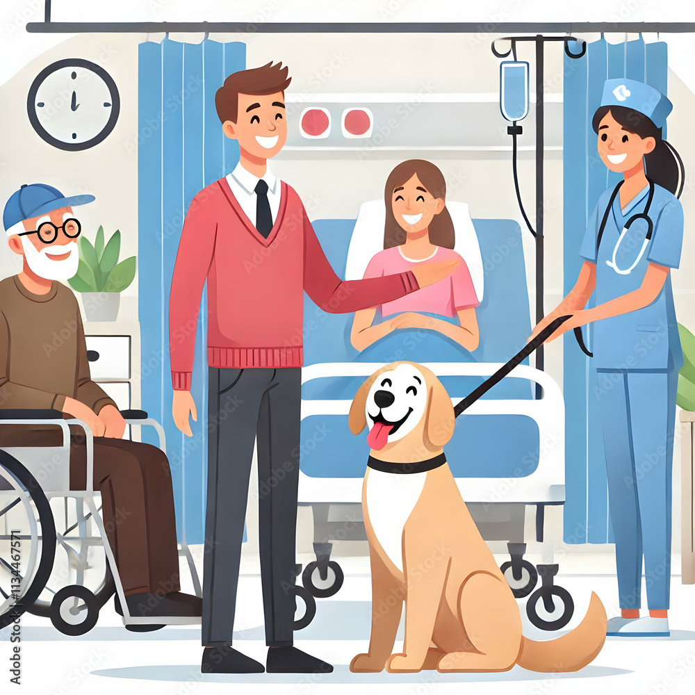 Therapy Dog Visits Patients: Hospital Staff Smiling in Positive Healthcare Environment Therapy Dog Visits Patients: Hospital Staff Smiling in Positive Healthcare Environment