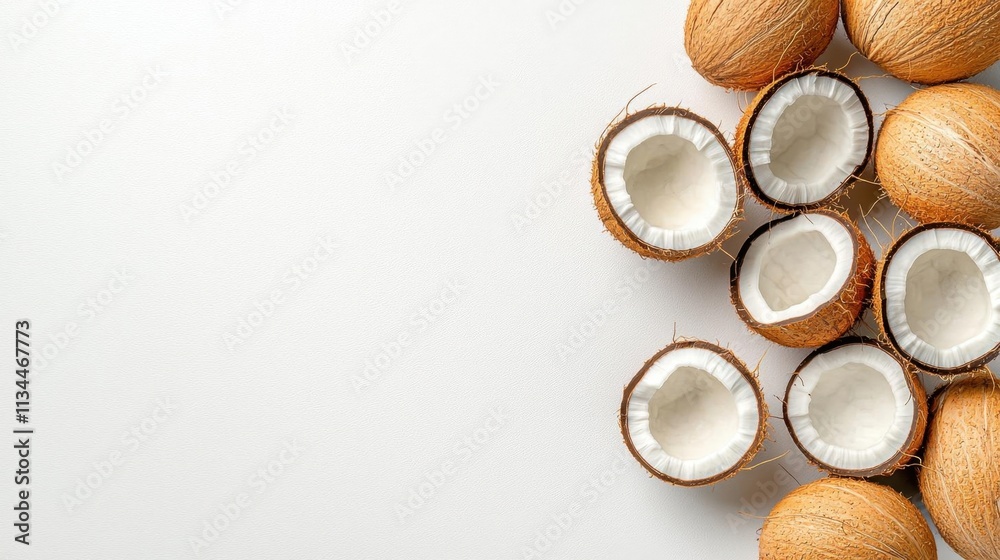A photostock of peeled coconuts with the white flesh exposed, placed on a seamless white background, symbolizing tropical simplicity and freshness. High Quality A photostock of peeled coconuts with the white flesh exposed, placed on a seamless white background, symbolizing tropical simplicity and freshness. High Quality