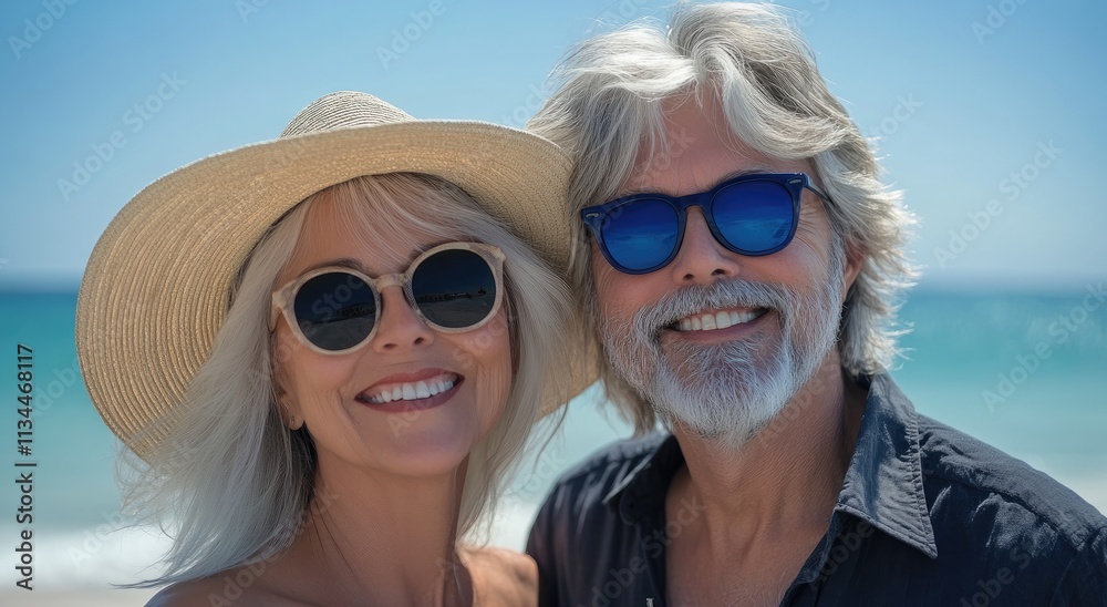 A beautiful senior couple smiling at the camera, wearing sunglasses and beach attire on vacation in the sunny weather. A beautiful senior couple smiling at the camera, wearing sunglasses and beach attire on vacation in the sunny weather.