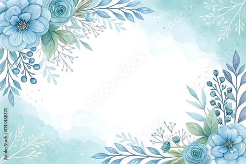 Blue watercolor floral frame background vector with a golden border on a white background, blue flowers decoration for a wedding invitation and card design template illustration