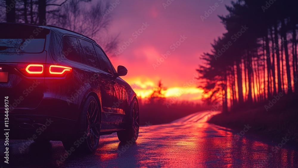 Fototapeta premium Car parked on a reflective road at sunset