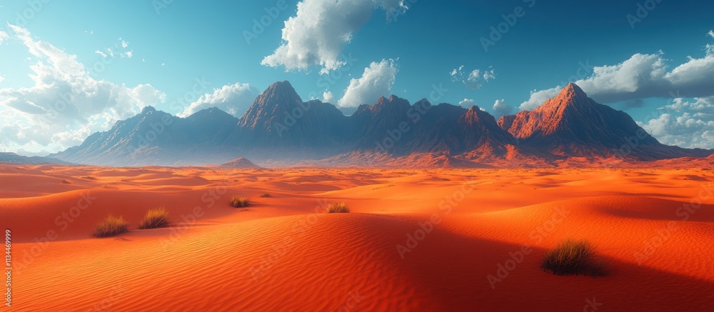 Naklejka premium Vibrant desert landscape with majestic mountains under a partly cloudy sky.