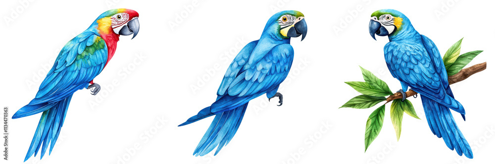 Obraz premium Colorful of Vibrant Blue Macaw Parrots Perching on Lush Tropical Leaves and Branches Vivid Feathers and Beaks of the Exotic Ara Bird Against a Natural Jungle Foliage Background