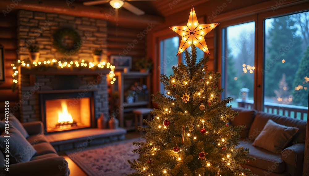 Radiant star tree topper shining on Christmas tree in cozy log cabin living room Radiant star tree topper shining on Christmas tree in cozy log cabin living room