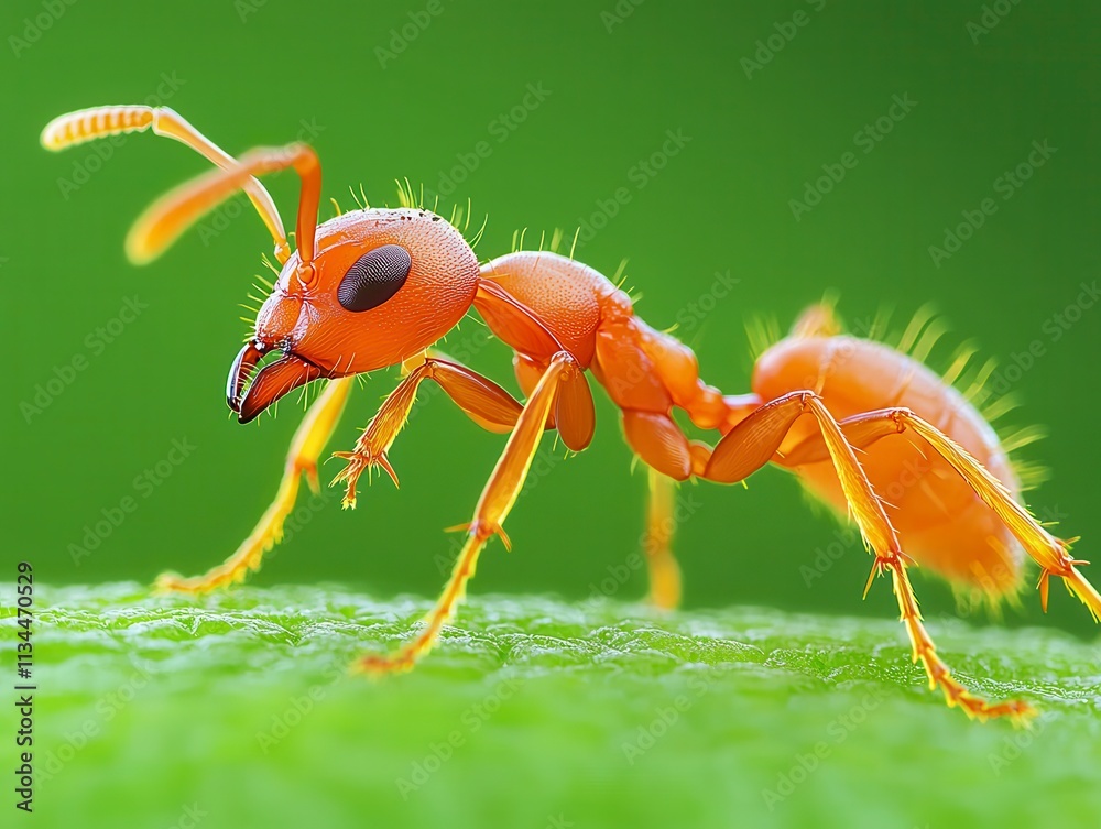 Vibrant Red Ant on Green Leaf Closeup Vibrant Red Ant on Green Leaf Closeup