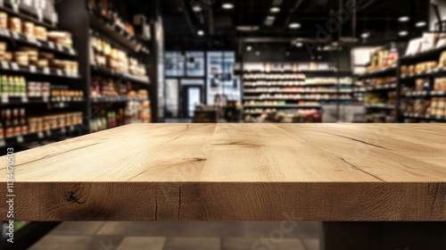 Wooden Tabletop with Blurred Grocery Store Background