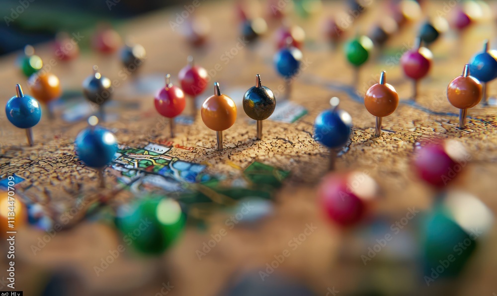 A close-up of a cork map dotted with colorful pins, each one marking a place of interest. The blurred background contrasts with the sharp focus on the interactive map's details. A close-up of a cork map dotted with colorful pins, each one marking a place of interest. The blurred background contrasts with the sharp focus on the interactive map's details.