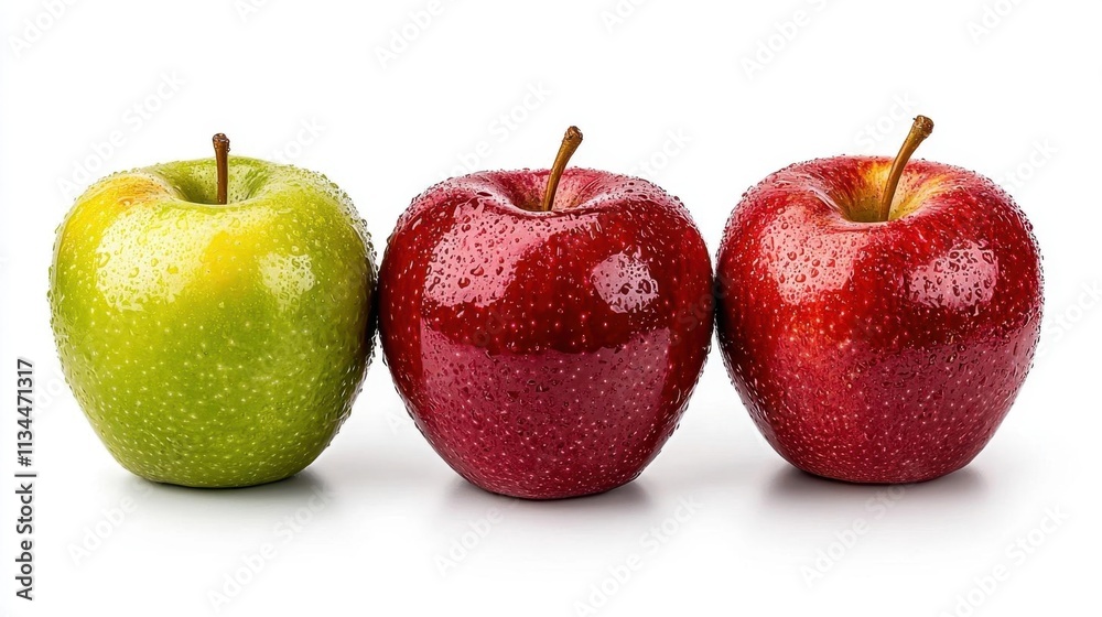 A photostock of three fresh apples—red, green, and yellow—placed side by side on a seamless white background, symbolizing diversity and health. High Quality A photostock of three fresh apples—red, green, and yellow—placed side by side on a seamless white background, symbolizing diversity and health. High Quality