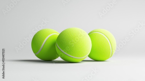 A photostock of three smooth white tennis balls arranged attractively on a seamless white background, perfect for sports and fitness themes. High Quality