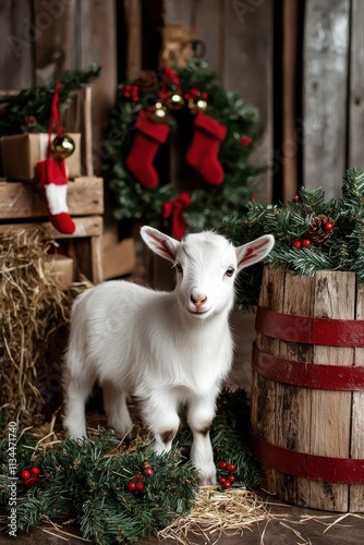 A cute white goat stands surrounded by Christmas decorations, including stockings, wreaths, and festive greenery, creating a cozy holiday atmosphere. photo