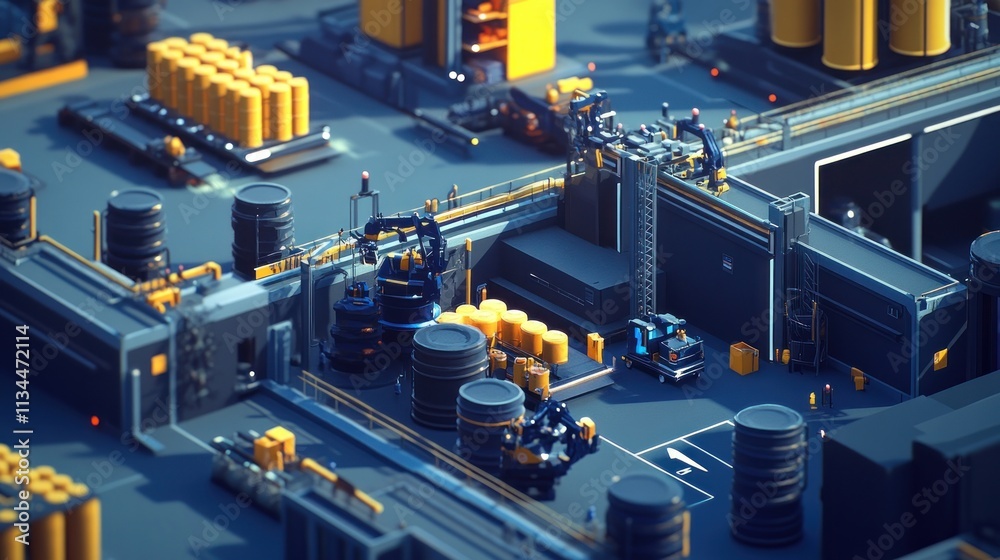 Isometric view of a futuristic factory with automated machinery and robots processing yellow barrels and containers. Isometric view of a futuristic factory with automated machinery and robots processing yellow barrels and containers.