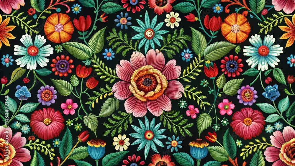 Fototapeta premium Seamless embroidery floral pattern with colorful and intricate design , embroidery, seamless, floral, pattern, beautiful