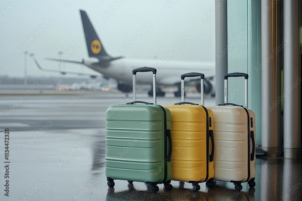Three colorful suitcases at airport, city skyline and airplane in background, travel concept. Suitcases at the airport, representing the concept of travel. near a window and an airplane Three colorful suitcases at airport, city skyline and airplane in background, travel concept. Suitcases at the airport, representing the concept of travel. near a window and an airplane