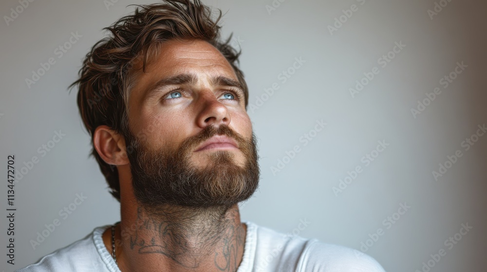 Obraz premium A contemplative man with a beard and tattoos gazes thoughtfully into the distance.