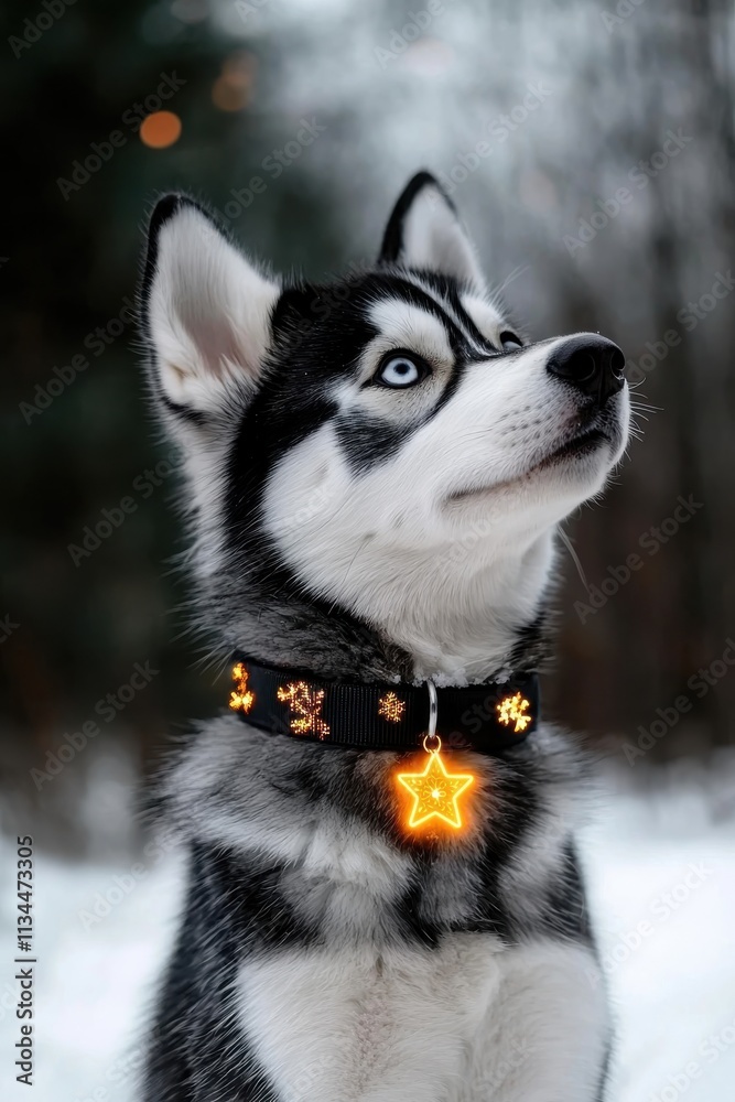 A majestic husky with bright blue eyes gazes upward, adorned with a glowing collar, set against a wintery backdrop. A majestic husky with bright blue eyes gazes upward, adorned with a glowing collar, set against a wintery backdrop.