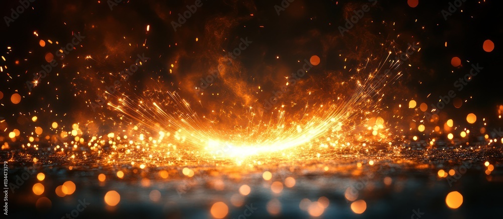 Fototapeta premium Bright orange sparks and embers burst from a dark surface.