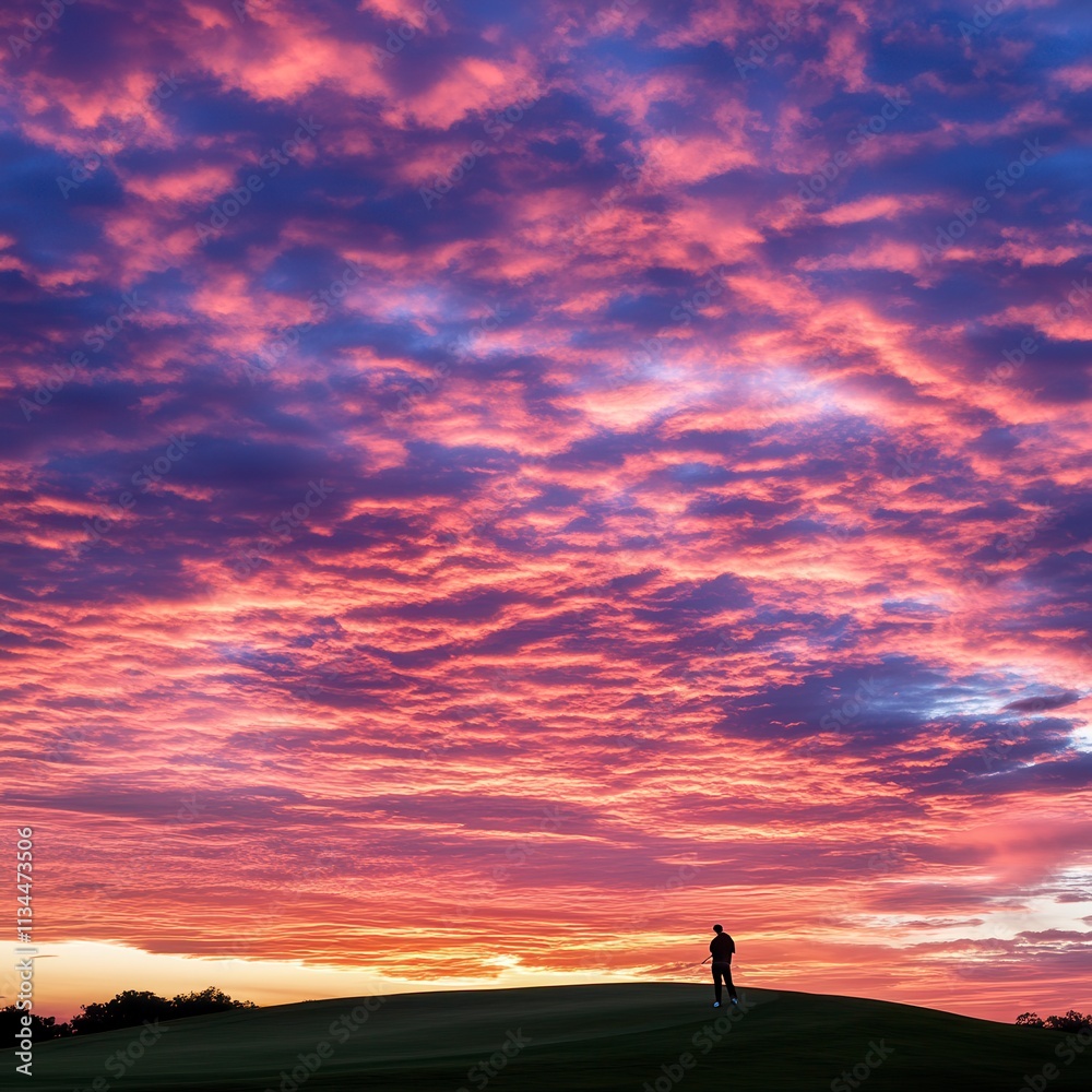 Golfer Silhouetted Against Vibrant Sunset Sky Golfer Silhouetted Against Vibrant Sunset Sky