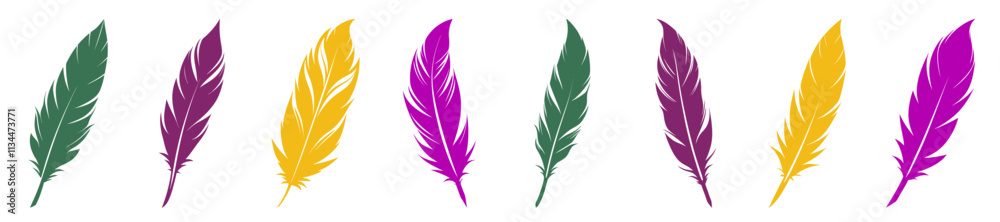 A set of colorful Mardi Gras isolated feather designs, vector illustration
