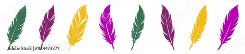 A set of colorful Mardi Gras isolated feather designs, vector illustration