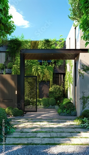 Stylish modern architecture featuring elegant aluminum gate and portillon with lush greenery. photo