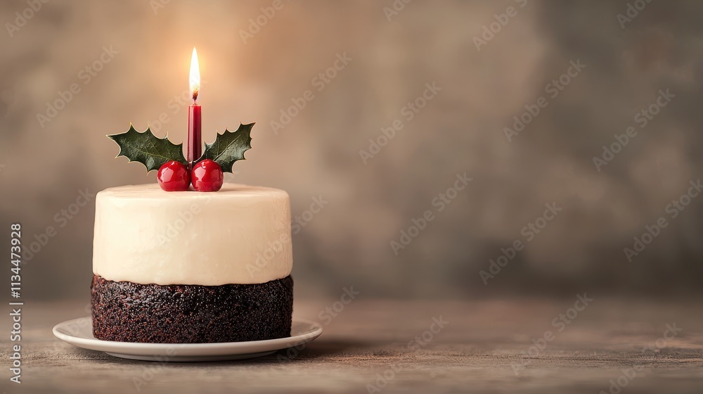 Festive Mini Cake with Candle and Holly Decoration Festive Mini Cake with Candle and Holly Decoration