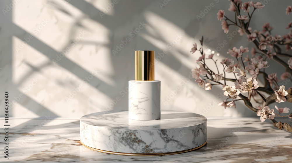 Cosmetic bottle mock-up on a marble base, clean design with golden cap, sophisticated aesthetic Cosmetic bottle mock-up on a marble base, clean design with golden cap, sophisticated aesthetic