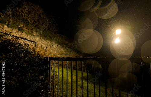 Illuminated Night Scene with Fence and Vegetation