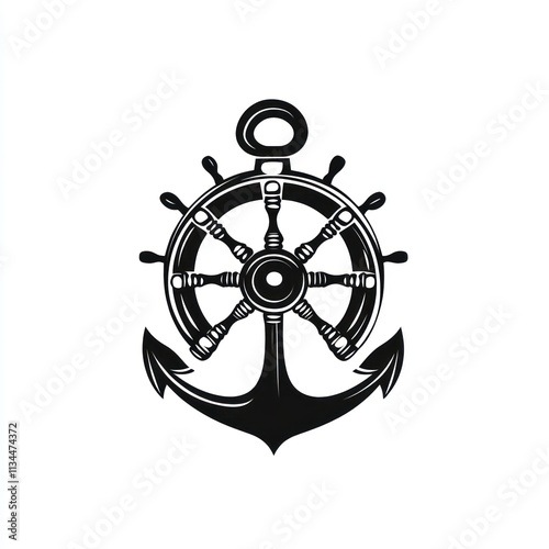 Nautical anchor and ship wheel emblem.