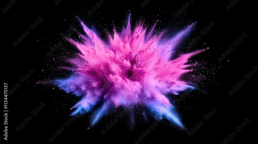 Vibrant pink and blue powder explosion isolated on black background. Vibrant pink and blue powder explosion isolated on black background.